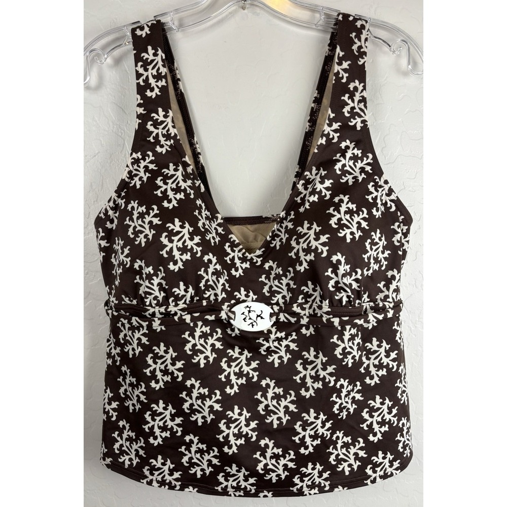 Lands End Brown White Coral Print Tankini Swim Top V-Neck Padded 16W 1308